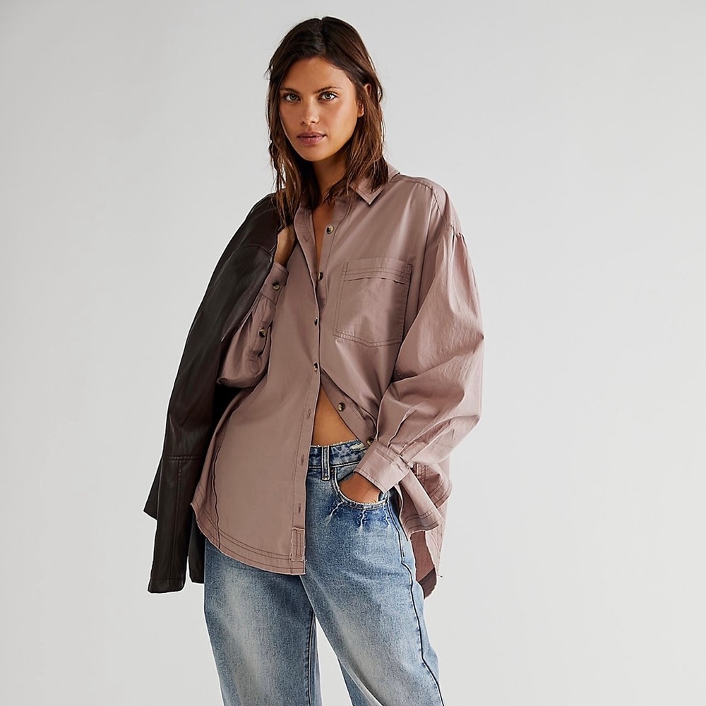 Free People Happy Hour Solid Poplin Shirt XS